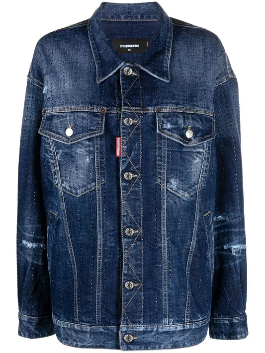 Rhinestone-Embellished Oversize Denim Jacket