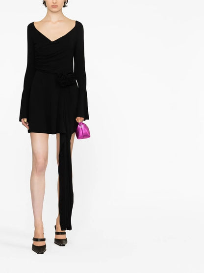 Rose-Appliqué Fluted Dress