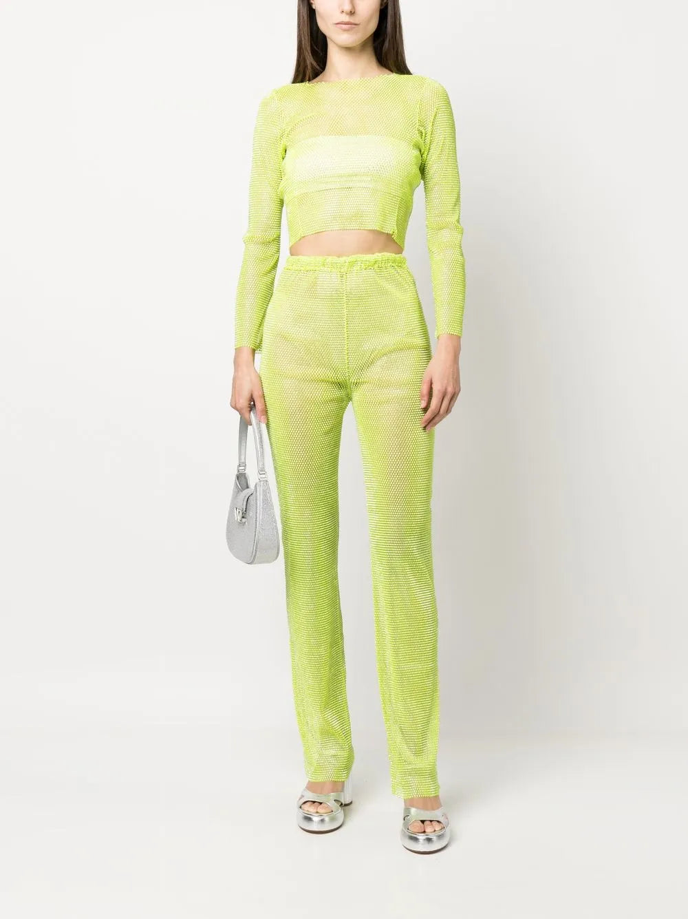 Rhinestone-Embellished Mesh Cropped Top