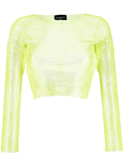 Rhinestone-Embellished Mesh Cropped Top
