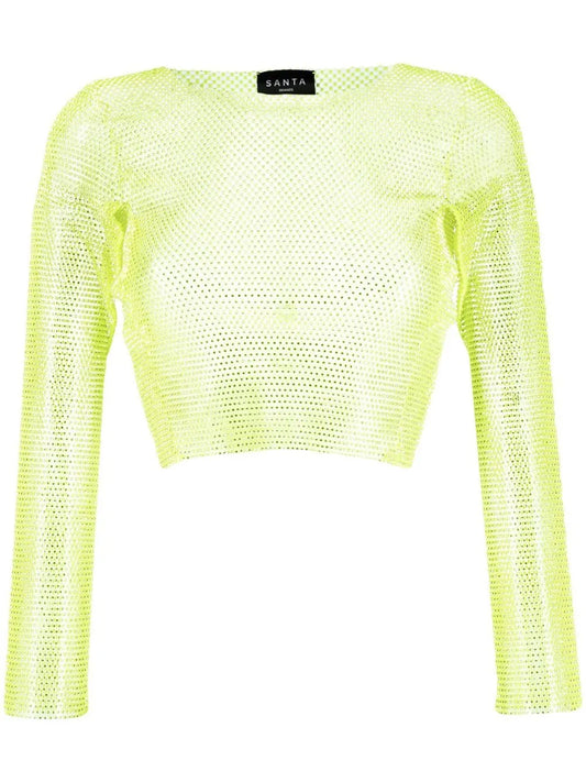 Rhinestone-Embellished Mesh Cropped Top