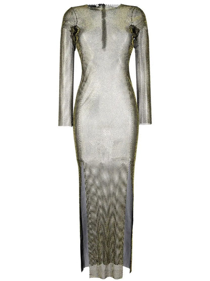 Diamonds Rhinestone-Embellished Mesh Maxi Dress
