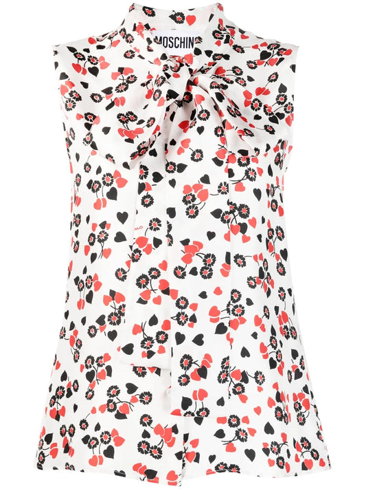 Floral-Print Pussy-Bow Collar Top