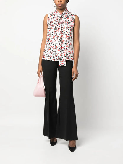 Floral-Print Pussy-Bow Collar Top