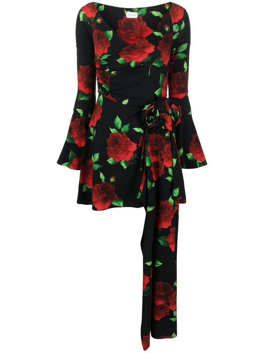 Rose-Print Flared Minidress