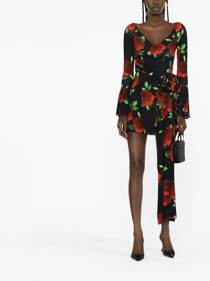 Rose-Print Flared Minidress