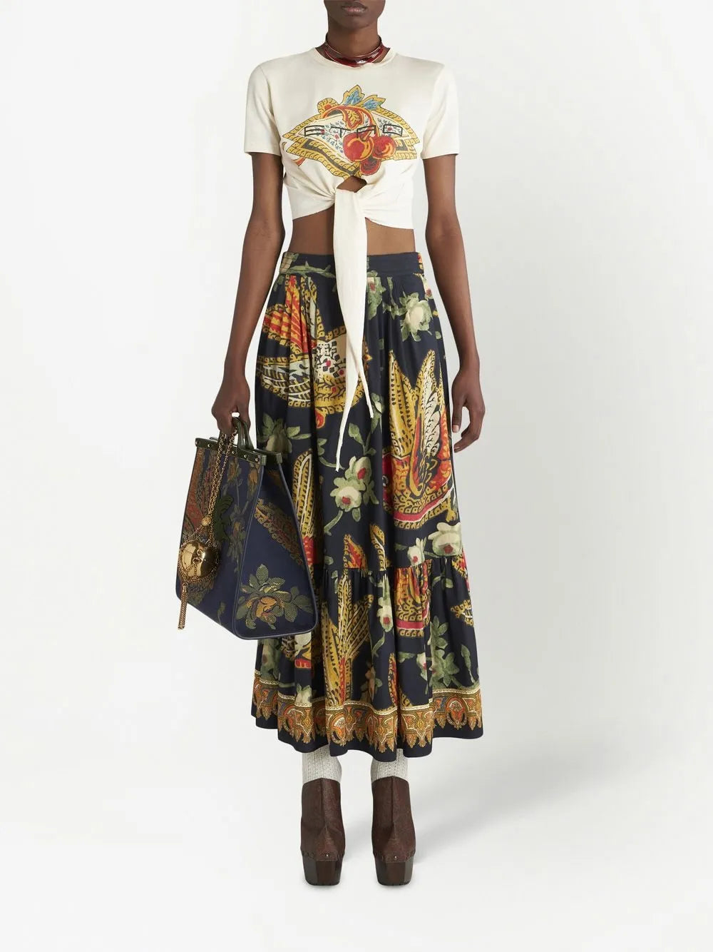 Graphic-Print Tiered Midi Skirt