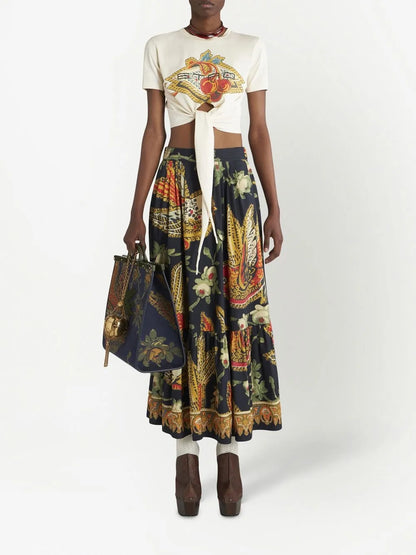 Graphic-Print Tiered Midi Skirt