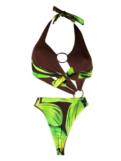 Leaf-Print Halterneck Swimsuit