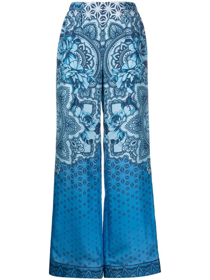 Silk Graphic-Print Wide-Leg Trousers