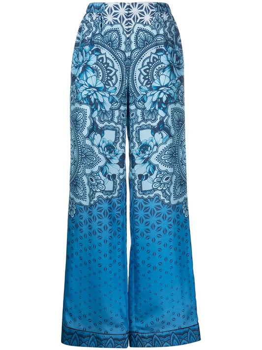 Silk Graphic-Print Wide-Leg Trousers