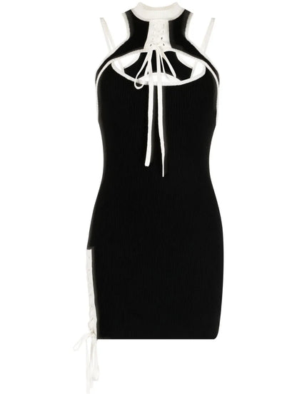 Contrast-Trim Lace-Up Mini Dress