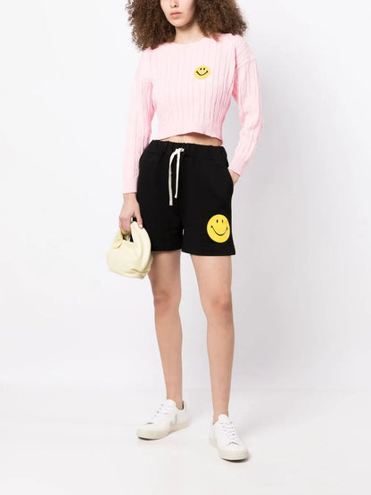 Smiley-Face Print Cotton Shorts