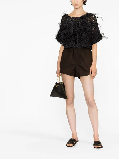 Feather-Trimmed Open-Knit Top