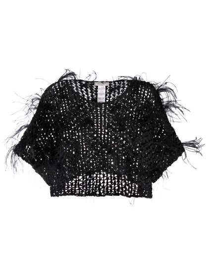 Feather-Trimmed Open-Knit Top