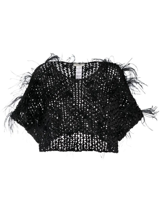 Feather-Trimmed Open-Knit Top