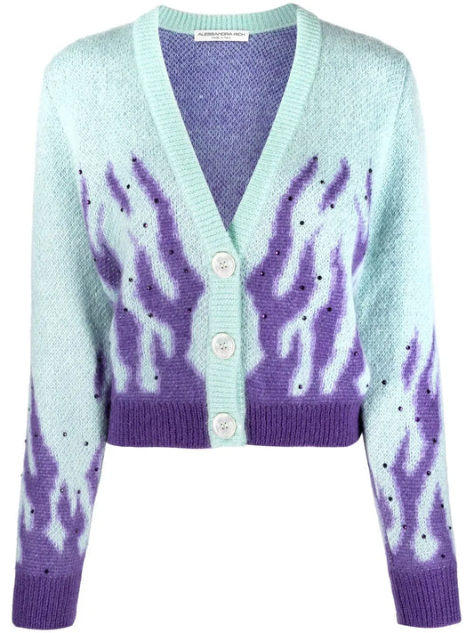 Flame-Print Knitted Cardigan