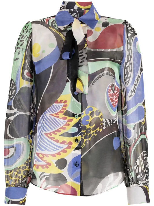 Abstract-Pattern Pussybow Blouse