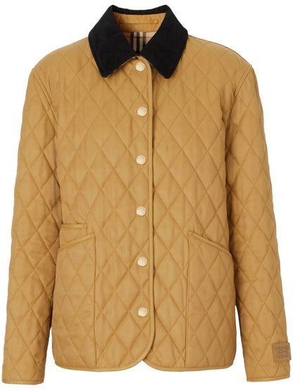 Corduroy-Collar Diamond-Quilted Jacket