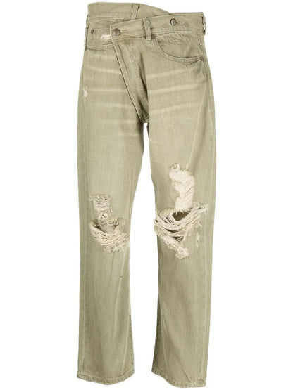 Distressed Crossover Straight-Leg Jeans