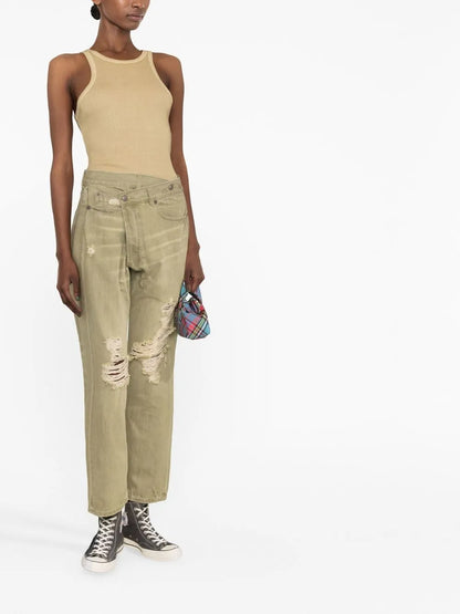 Distressed Crossover Straight-Leg Jeans