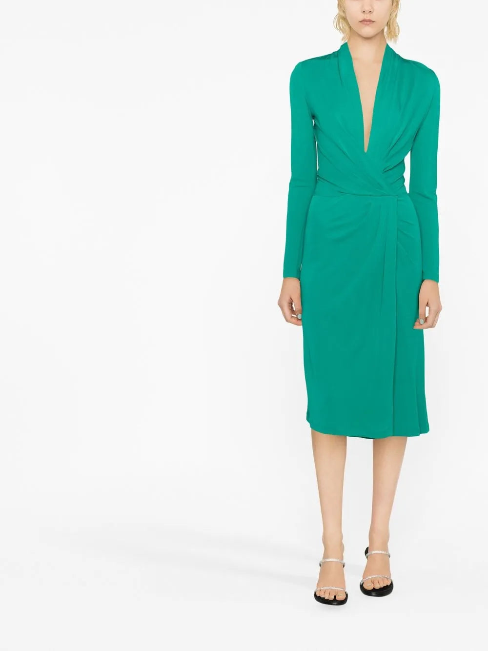 Twisted-Front Long-Sleeved Midi Dress