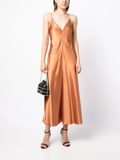 Satin-Finish V-Neck Dress