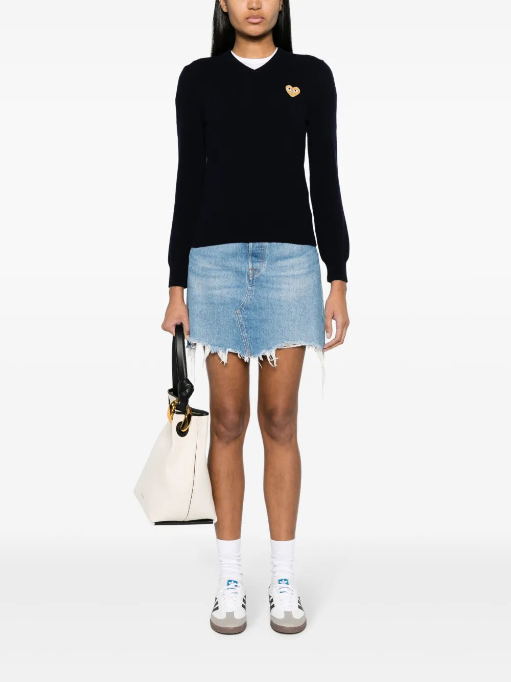 Heart-Patch V-Neck Wool Sweater