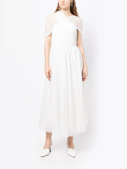 Sheer-Sleeve Pleated Dress