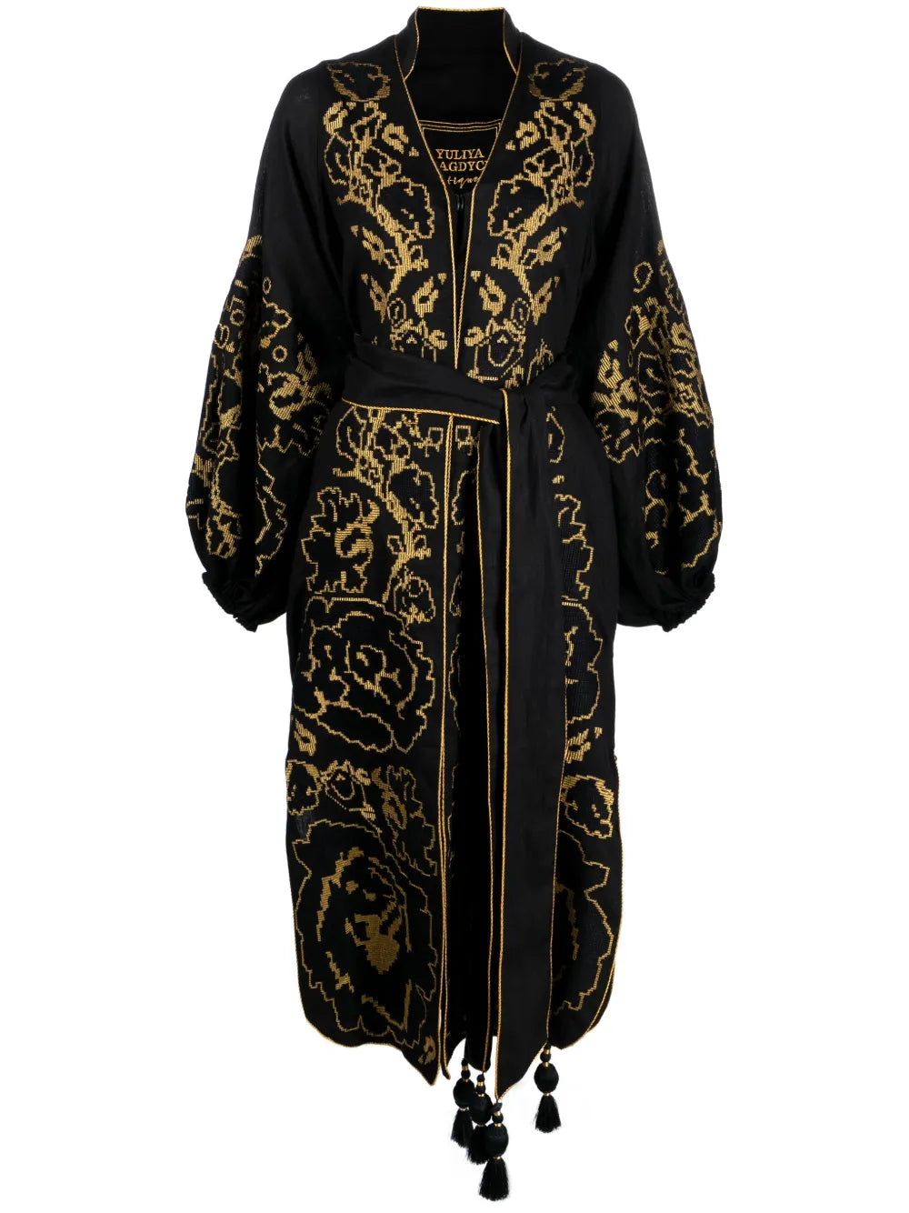 Floral-Embroidered Belted Dress