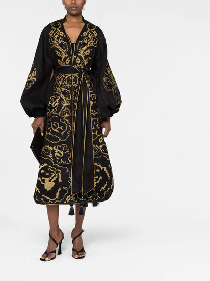 Floral-Embroidered Belted Dress