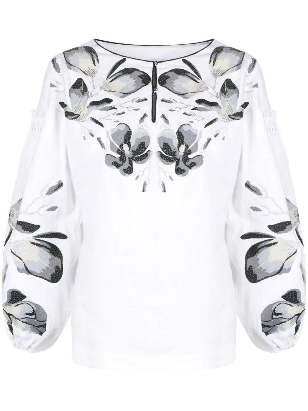 Floral-Embroidery Long-Sleeve Blouse