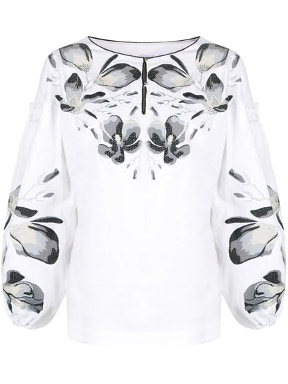 Floral-Embroidery Long-Sleeve Blouse