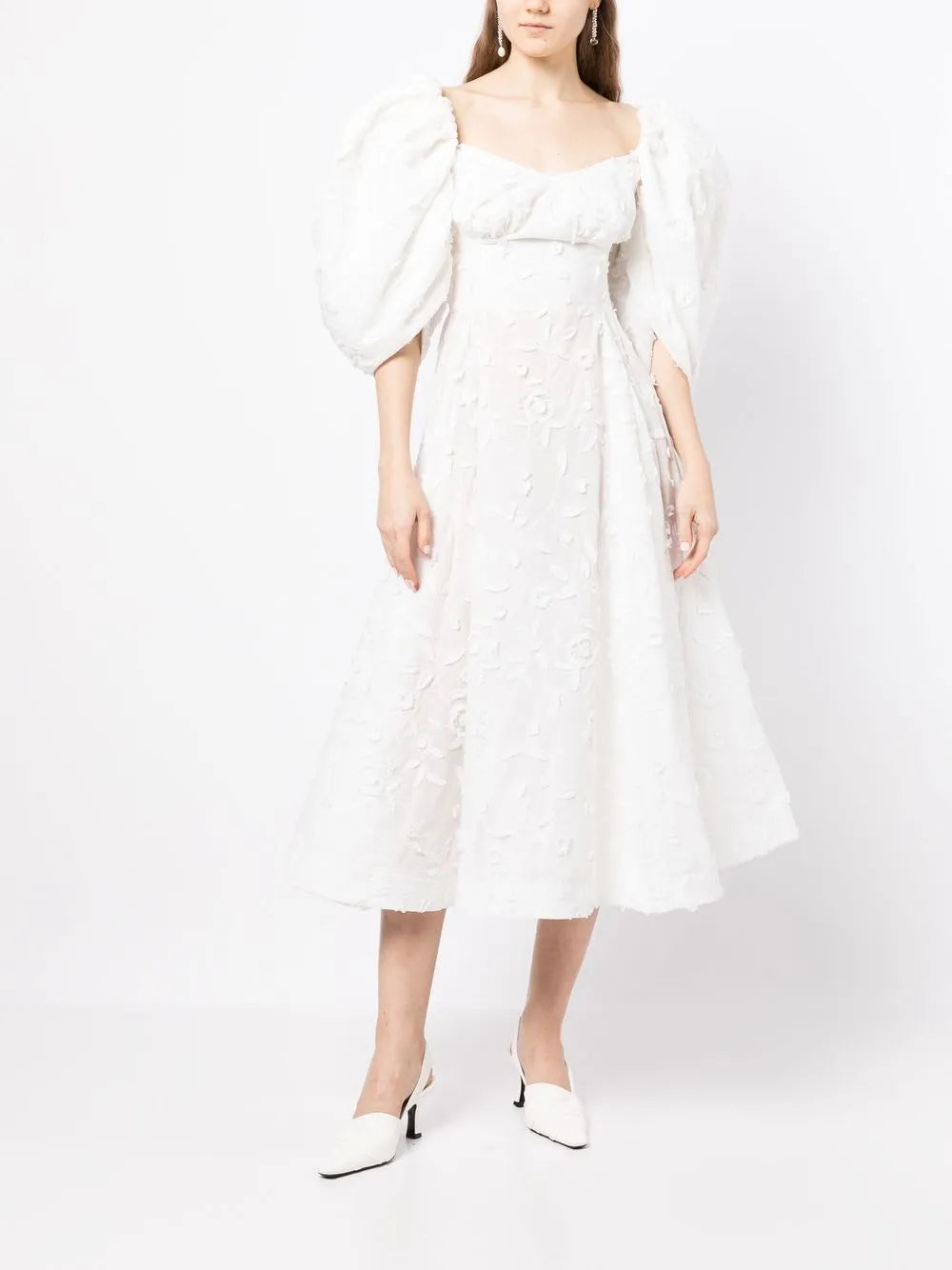 Puff-Sleeve Floral-Embroidered Midi Dress