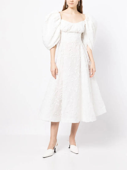 Puff-Sleeve Floral-Embroidered Midi Dress