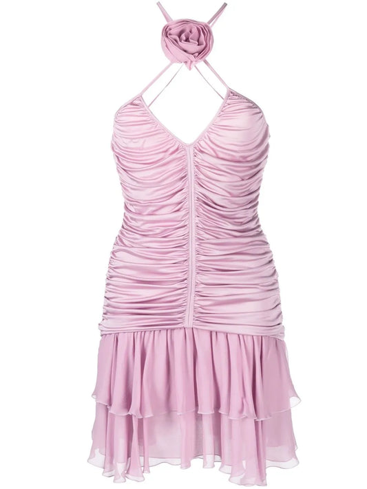 Rose Appliqué Pleated Mini Dress