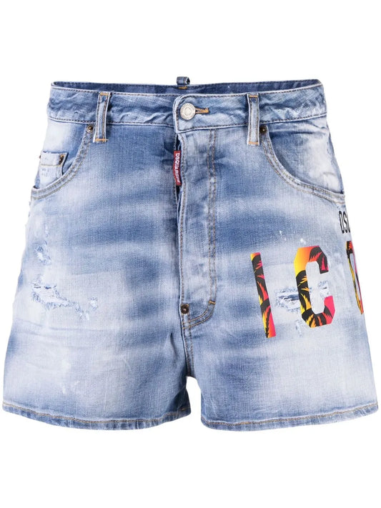 Icon-Print Low-Rise Denim Shorts