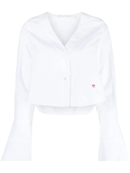 Flute-Sleeves Cropped Cotton Shirt