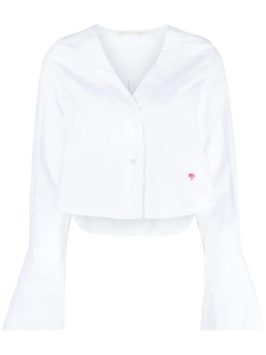 Flute-Sleeves Cropped Cotton Shirt