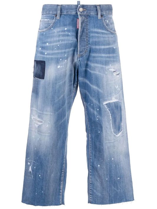 Distressed Wide-Leg Cropped Jeans