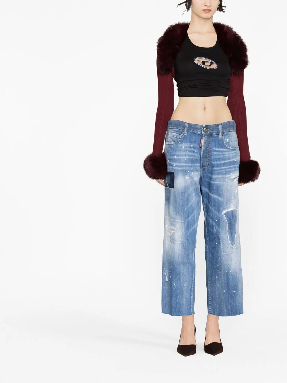 Distressed Wide-Leg Cropped Jeans