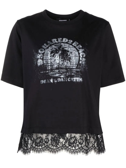 Lace-Trim Logo-Print T-Shirt