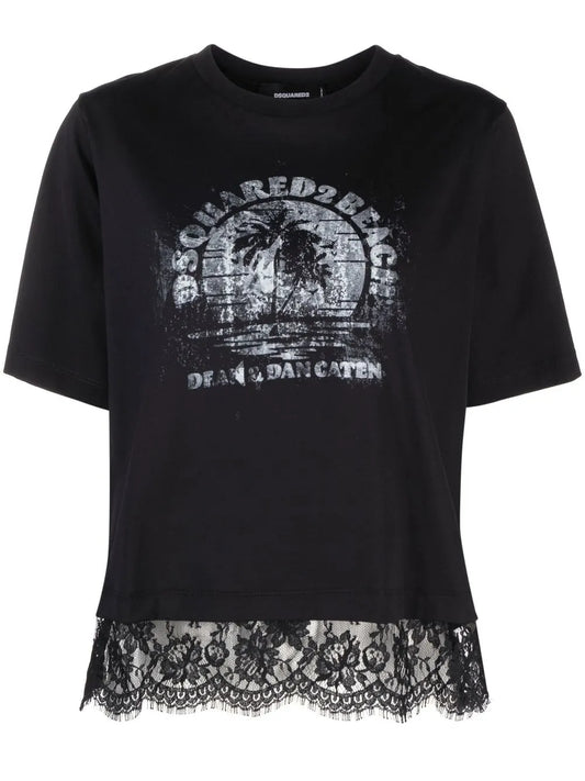 Lace-Trim Logo-Print T-Shirt
