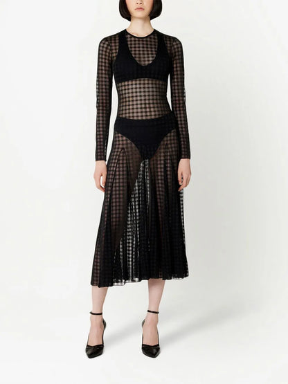 Checked Semi-Sheer Midi Dress