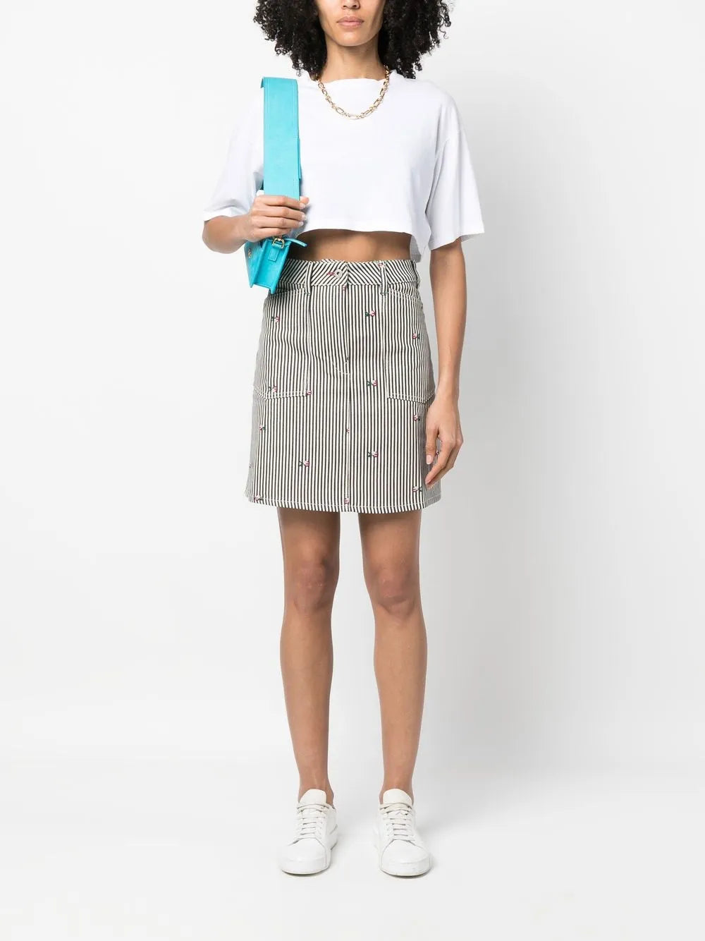 Floral-Embroidered Stripe-Print Skirt