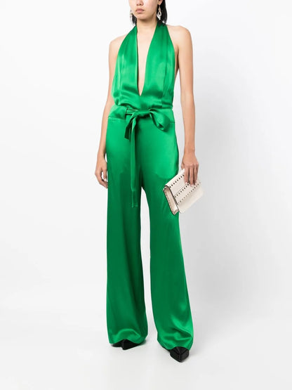 Halter V-Neck Satin Jumpsuit