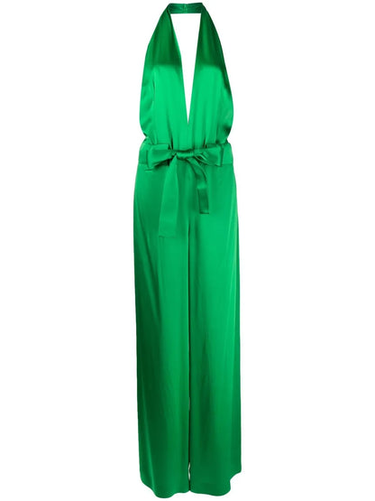 Halter V-Neck Satin Jumpsuit