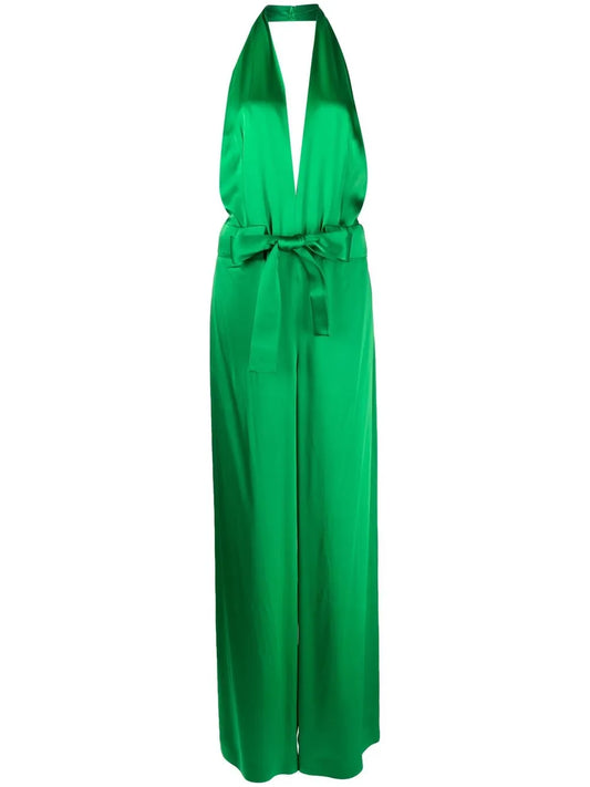 Halter V-Neck Satin Jumpsuit