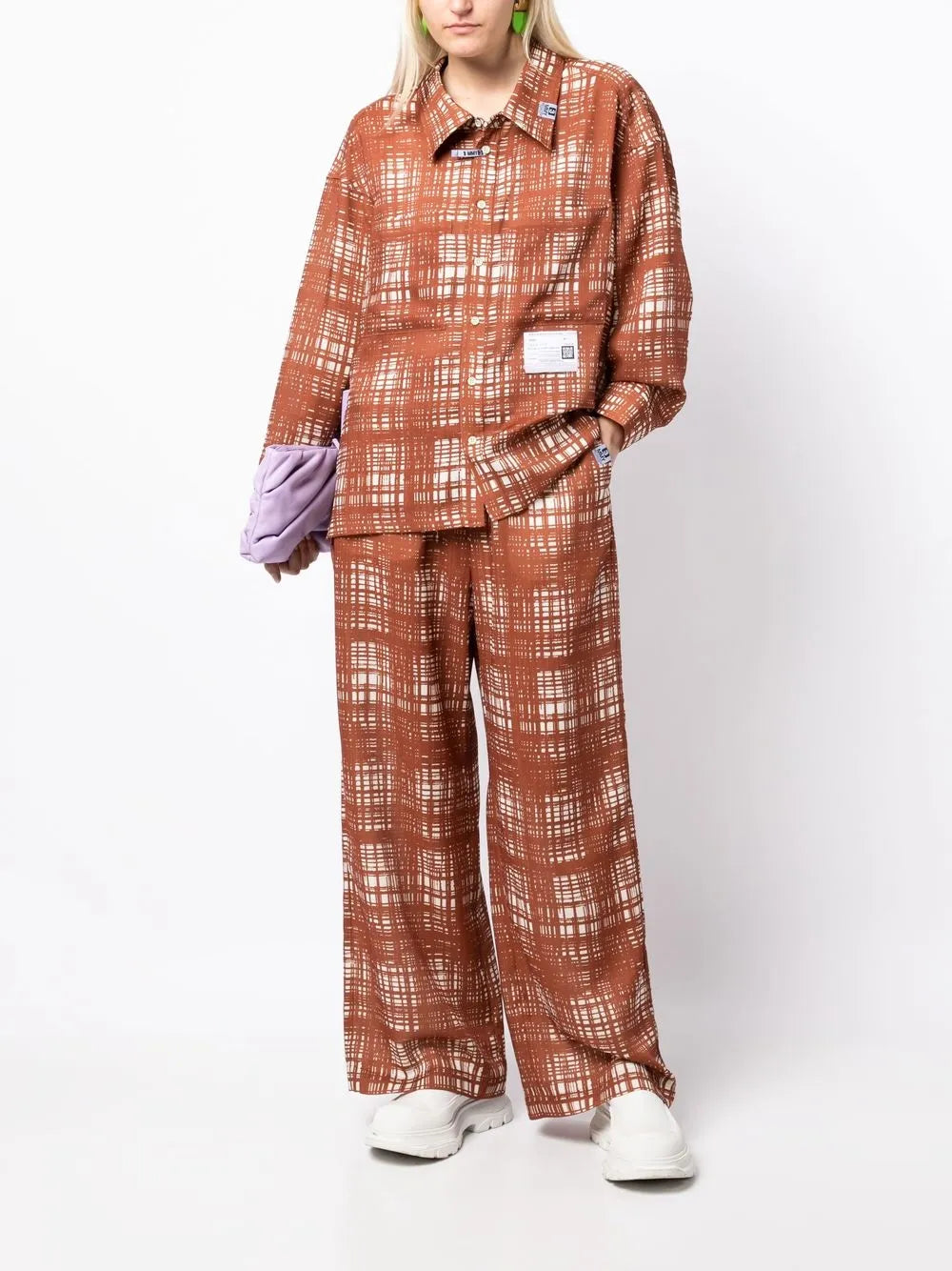 Random Check-Print Gather Trousers