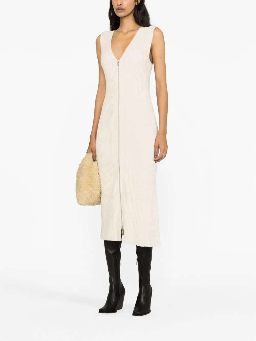 V-Neck Ribbed-Knit Midi Dress